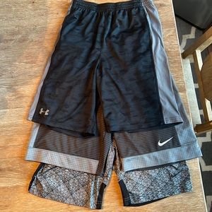 Youth, athletic short bundle: 1 under armor brand and 2 Nike brand